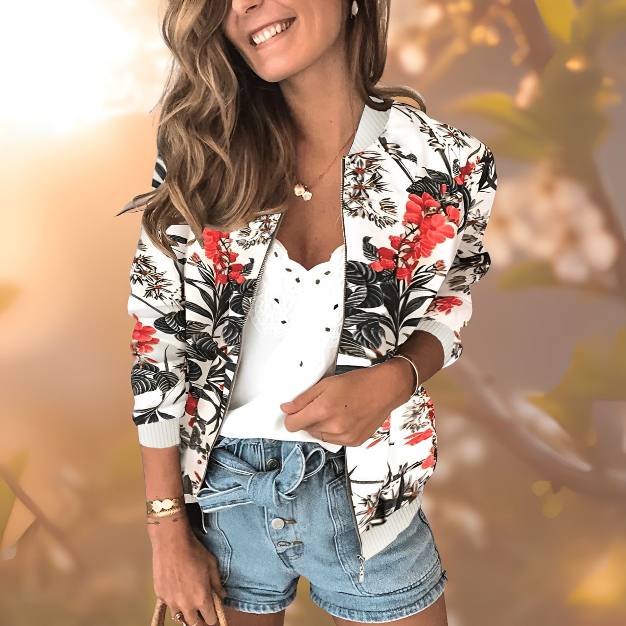 Jacke mit Reißverschluss und Blumenmuster für Damen